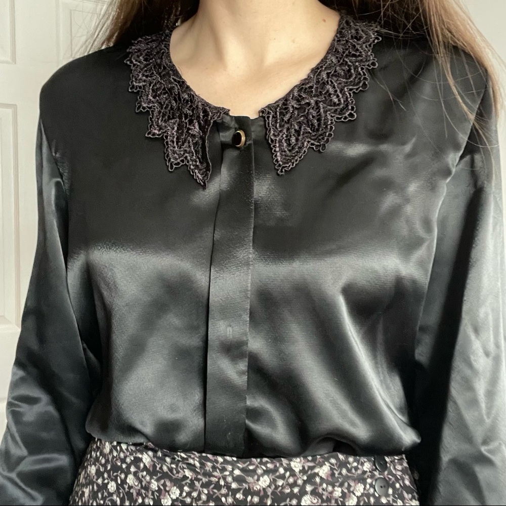 Vintage silky black button-up blouse shirt